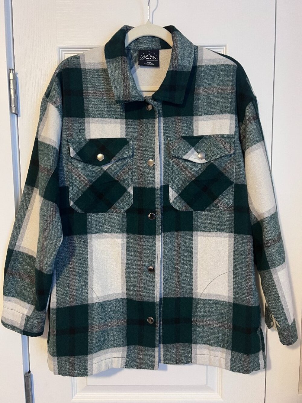HFX Plaid Flannel Shacket Shirt Jacket Green Cream White Medium